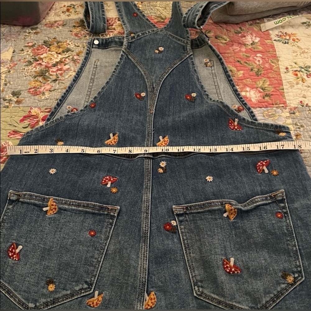 DRIFTWOOD x Anthropologie Blue Denim Overalls with Cute Mushroom Embroidery. - Picture 7 of 9
